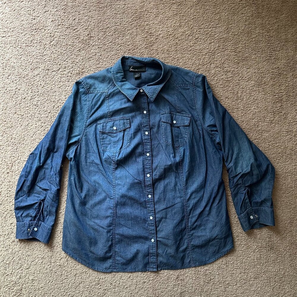 Lane Bryant Shirt Womens 20 Denim Button Up Pearl Snap Point Collar Long Sleeve